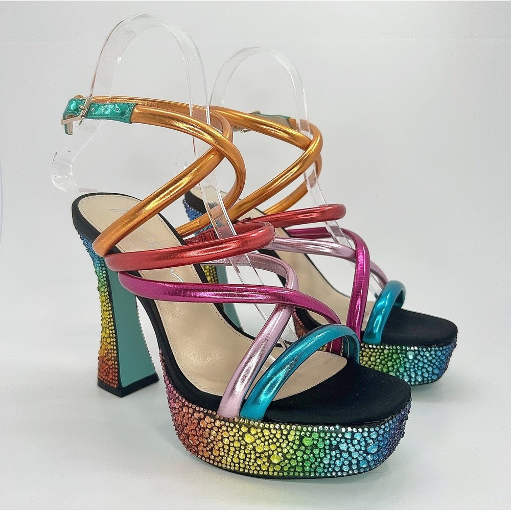 Betsey Johnson Maeve Rainbow Rhinestone Platform Heels Strappy Sandals 7 NWOB